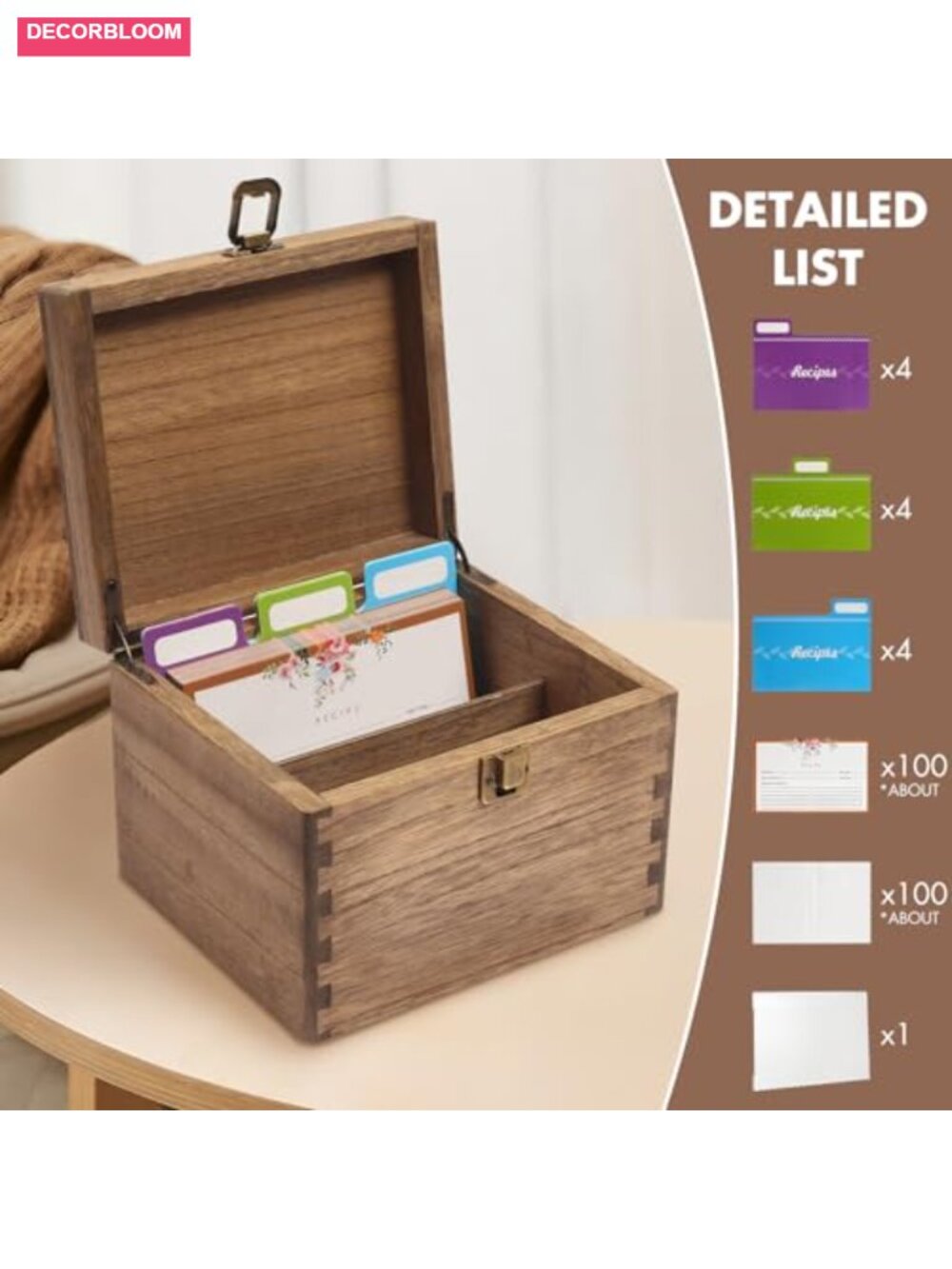 Wooden Recipe Box with 100 Cards, Dividers, Acrylic Shield - Picture 5 of 6